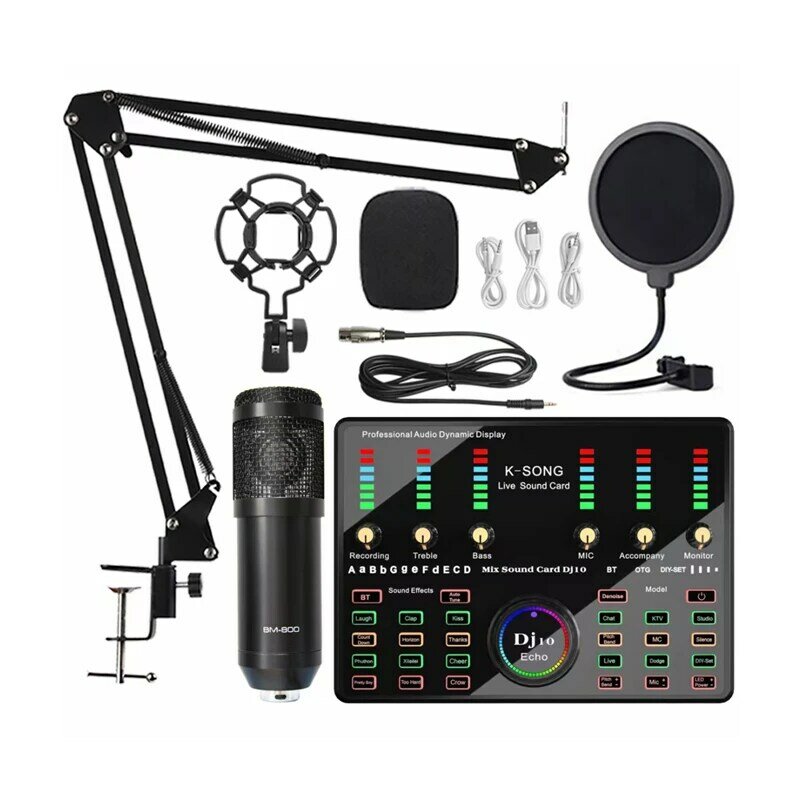 Micrófono de condensador con luz LED de escritorio, juego de tarjeta de sonido de canciones, grabación externa, DJ10 K, recién llegado, bm800