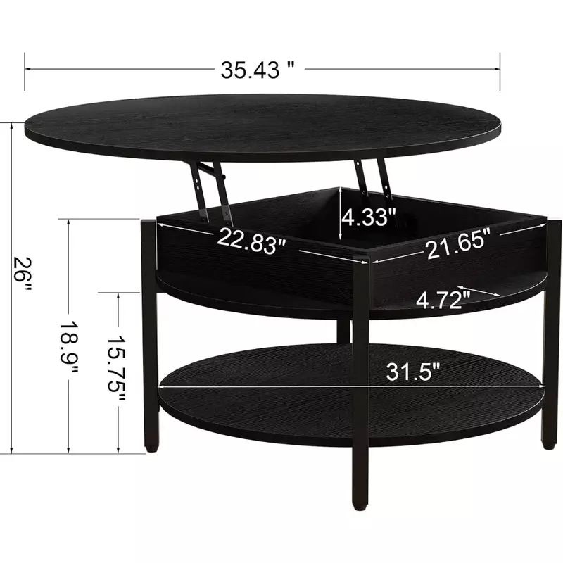 35.43'' Farmhouse Coffee Table for Living Room Reception Room 2 Tier Large Round Coffee Table Round Dining Table Black Furniture