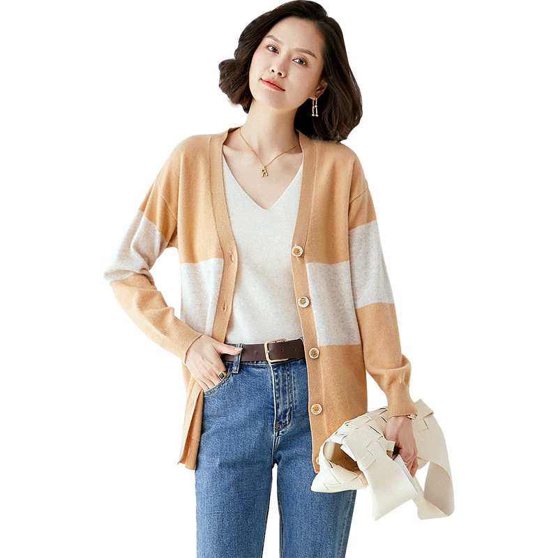 2022 primavera outono novo cardigan feminino três cores solto malha versão coreana cor-bloqueio de manga comprida 100% lã camisola