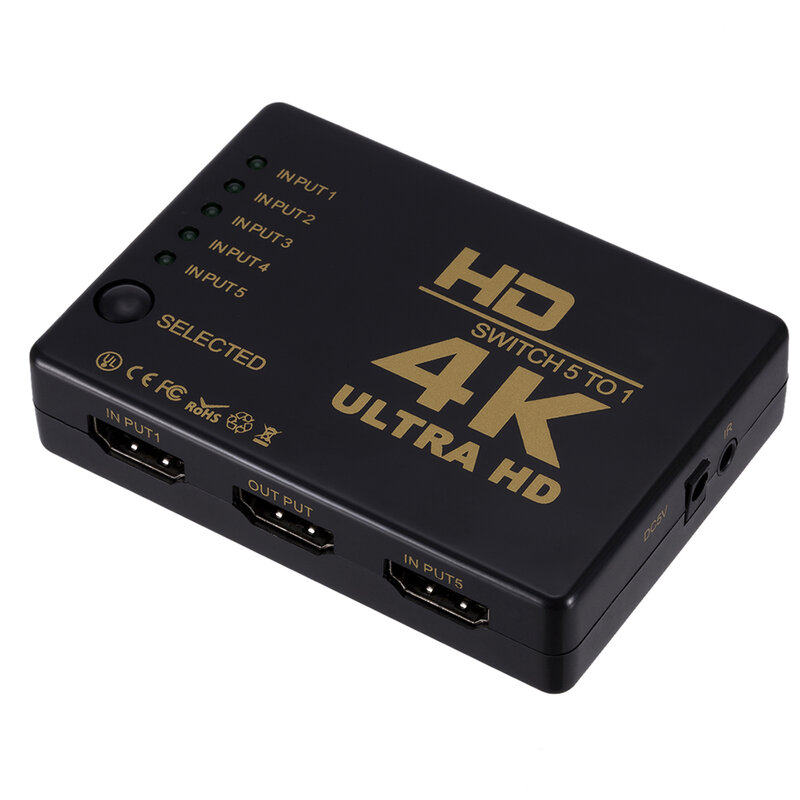 Divisor de cabo compatível com HDMI, adaptador de comutador de vídeo, 5 entradas, 1 porta de saída, Hub para Xbox, DVD, HDTV, PC, laptop, TV, 4K, 5x1, 1080P