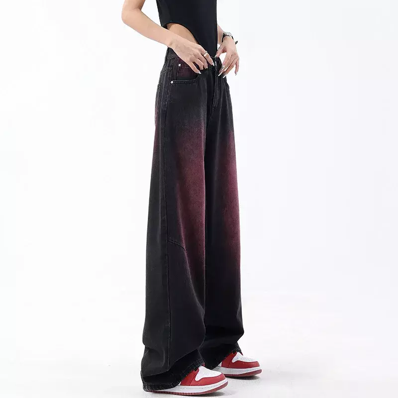 Celana panjang Denim kaki lebar wanita, Jeans longgar berpanel desain kreativitas kasual musim panas populer Hipster Streetwear Retro