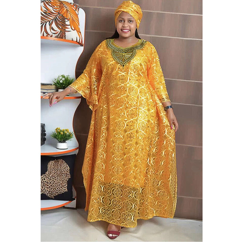 Pakaian Afrika Gaun Afrika Dashiki untuk Wanita Musim Semi Musim Panas Wanita Afrika Gaun Panjang Leher-o Kuning Biru Dalam dan Ikat Kepala