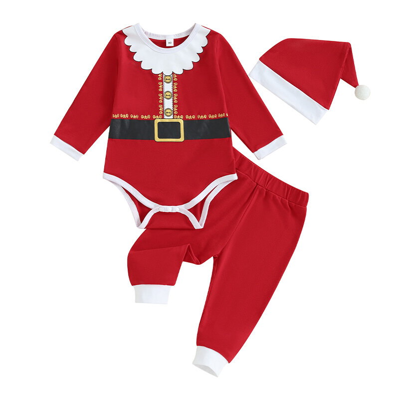 Костюм Санта Клауса для маленьких мальчиков и девочек, рождественские топы с длинными рукавами, длинные брюки, шапка на Рождество, комплекты одежды из 3 предметов