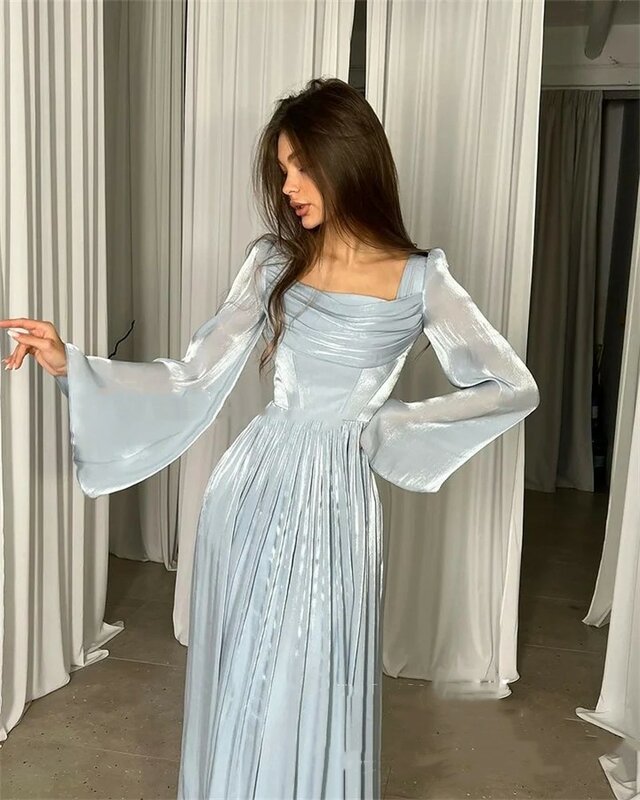 Himmelblau Organza A-Linie quadratischen Kragen Abendkleider plissiert lange Ärmel Saudi-Arabisch Ballkleider Party kleider für Frauen