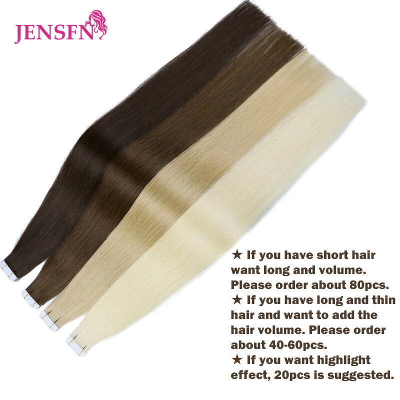 JENSFN-Cinta en extensiones de cabello humano Real, 100% Remy, Natural, 16-24 pulgadas, 613 recta, piel de PU, para salón