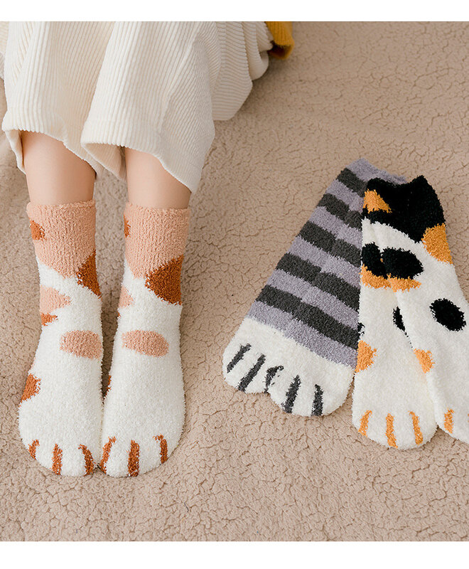 Осенне-зимние Бархатные носки кораллового цвета милые носки с кошачьими крапанами для женщин и девочек утепленные носки средней длины для сна носки для дома