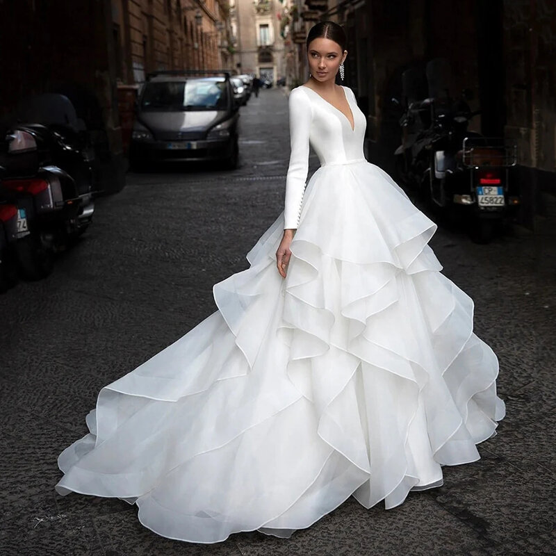 Элегантное свадебное платье Pommel с V-образным вырезом, 2024, простое Тюлевое многослойное Белое Атласное свадебное длинное платье со шлейфом