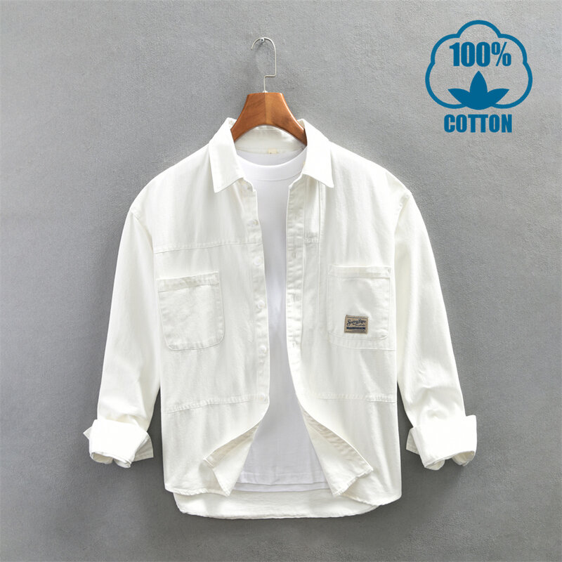Camisa cargueira vintage multi bolso masculina, blusa de manga comprida, tops diários soltos, monocromática 100% algodão, moda inverno outono