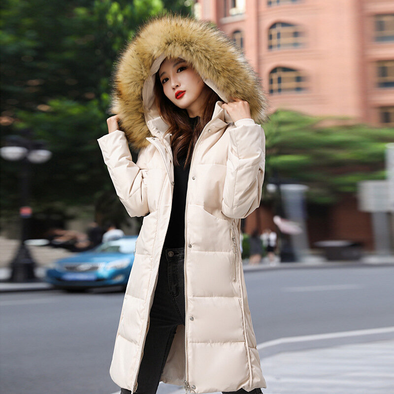 Пуховик женский средней длины, свободное утепленное пальто с большим меховым воротником, на белом утином пуху, зимняя одежда