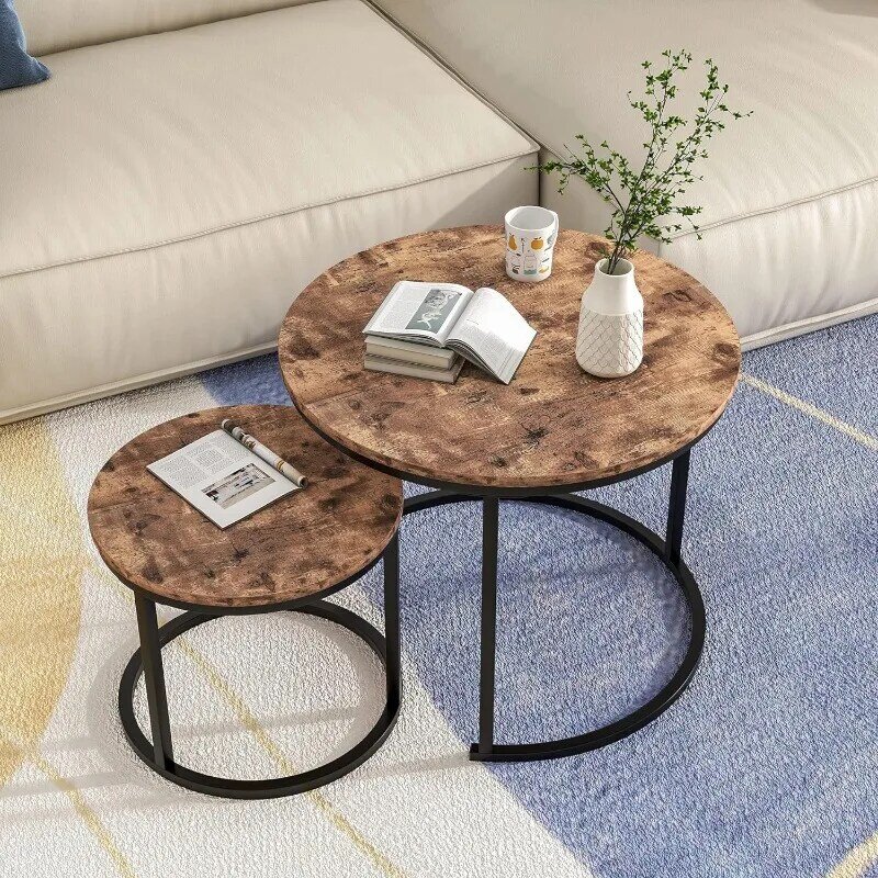 居間用工業用ラウンドコーヒーテーブル,頑丈な金属フレーム付きの素朴な木製コーヒーテーブル,2つのサイドエンドテーブルのセット