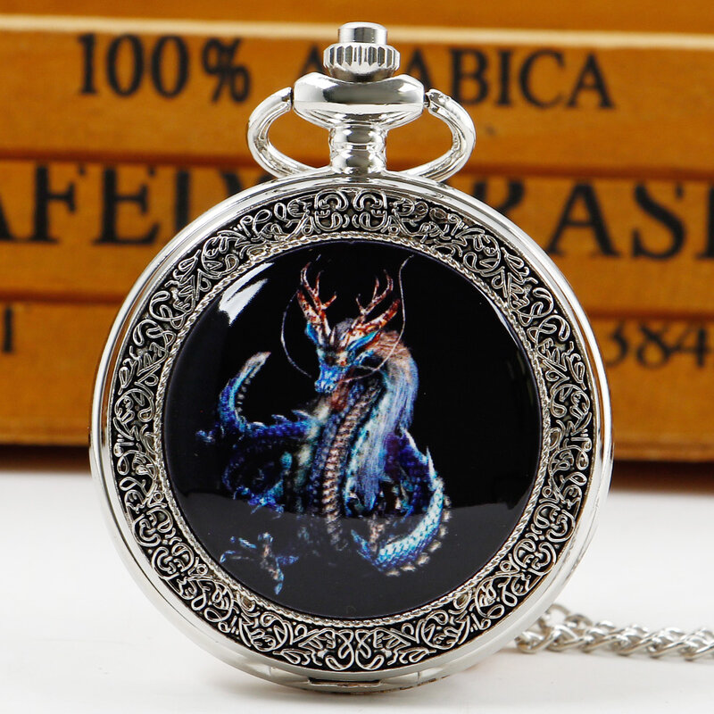 Reloj de bolsillo de cuarzo con parche de Dragón Volador azul Retro para hombres y mujeres, Steampunk, collar, cadena, colgante, reloj, regalos