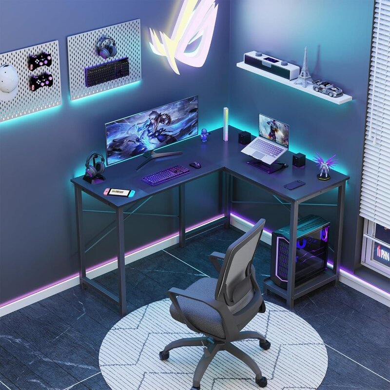 Bureau d'ordinateur en forme de L avec sac de rangement latéral, coin en bois, table de jeu PC, bureau à domicile, petits espaces, noir