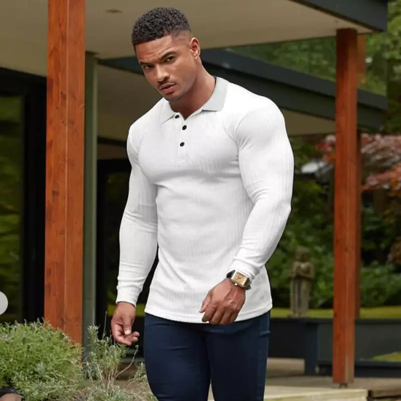 Primavera outono moda homens de manga comprida de malha camisa polo roupas de fitness slim fit tiras de polo t-shirt masculino marca ginásio tees tops