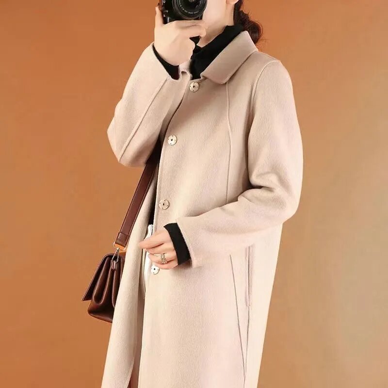 Mantel Wol Dua Sisi Wanita Pertengahan Panjang 2023 Musim Gugur Musim Dingin Baru Warna Murni Mode Korea Mantel Wol Longgar Pakaian Luar Casacos