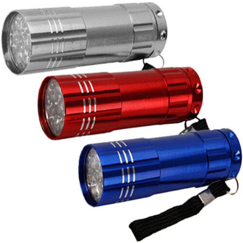 Mini linterna UV de 9 LED, potente linterna portátil para acampar, Flash de lámpara de luz Ultra alto brillo, herramientas de manicura de secado rápido UV395