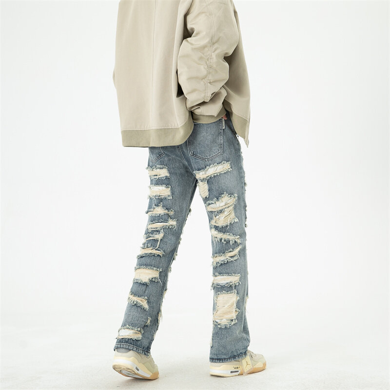 Street Men's Hip-Hop Ripped Jeans Autumn New Harajuku Style Cat Whisker Cut Straight Leg Loose Jeans Y2k Clothes