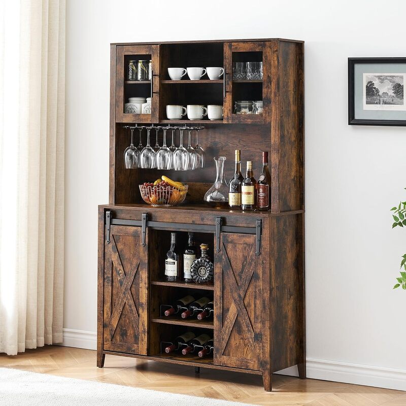 Барный шкаф с раздвижной дверью сарая, 70 дюймов деревенский буфетный шкаф для ликера с подставкой для вина и бокалов, цвет коричневый