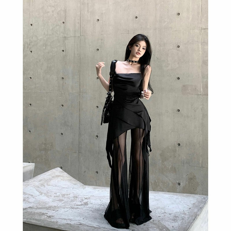 HOUZHOU czarny przelotowy siateczkowy zestaw spodnie Flare z szerokimi nogawkami kobiet seksowny koronkowe spodnie z w koreańskim stylu moda uliczna w kształcie dwojga sukienka
