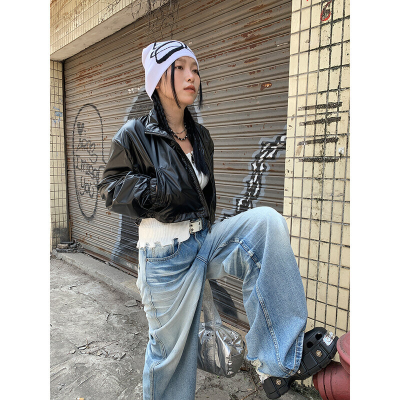 Retro postrzępione smażone spodnie uliczne z szerokimi nogawkami damskie nowa osobowość Street Scratch dżinsy Cargo