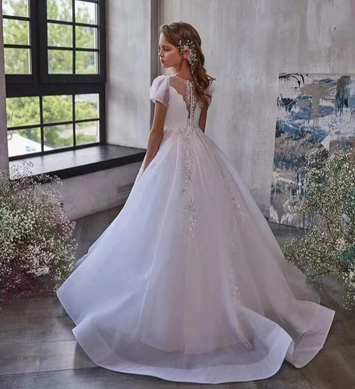 2023 pierwsza sukienka komunijna na wesele aplikacje kwiat sukienki dla dziewczynek biała tiulowa koronka śliczne suknia balowa obszywana koralikami dla urodziny dziecka