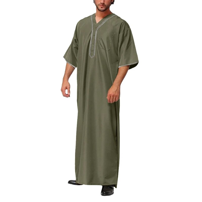 Muzułmańska męska Jubba Thobe jednolity kolor guzik Kimono środkowy szlafrok saudyjski Musulman koszula stojącego kołnierzyka islamski arabski Kaftan Men Abaya