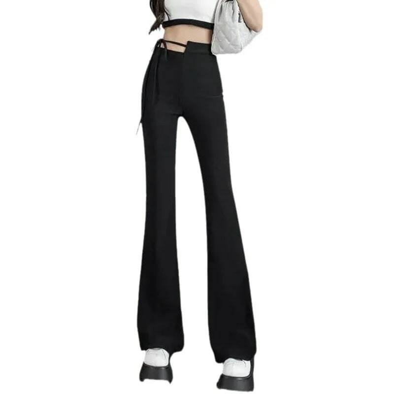Calça feminina irregular de cintura alta, emagrecedora com renda, calça casual preta, roupa Y2K, streetwear, moda coreana, 2024