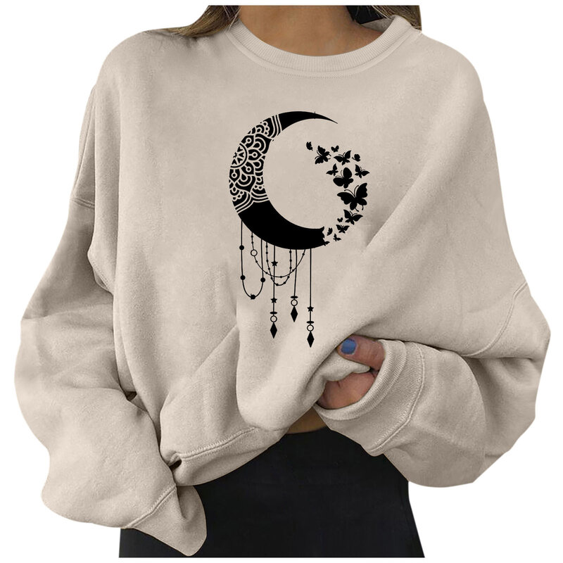 Забавный Женский пуловер в стиле Харадзюку в стиле 90-х с принтом Луны, однотонный Женский свитшот без косточек с мультяшным графическим принтом Y2k, повседневный женский топ