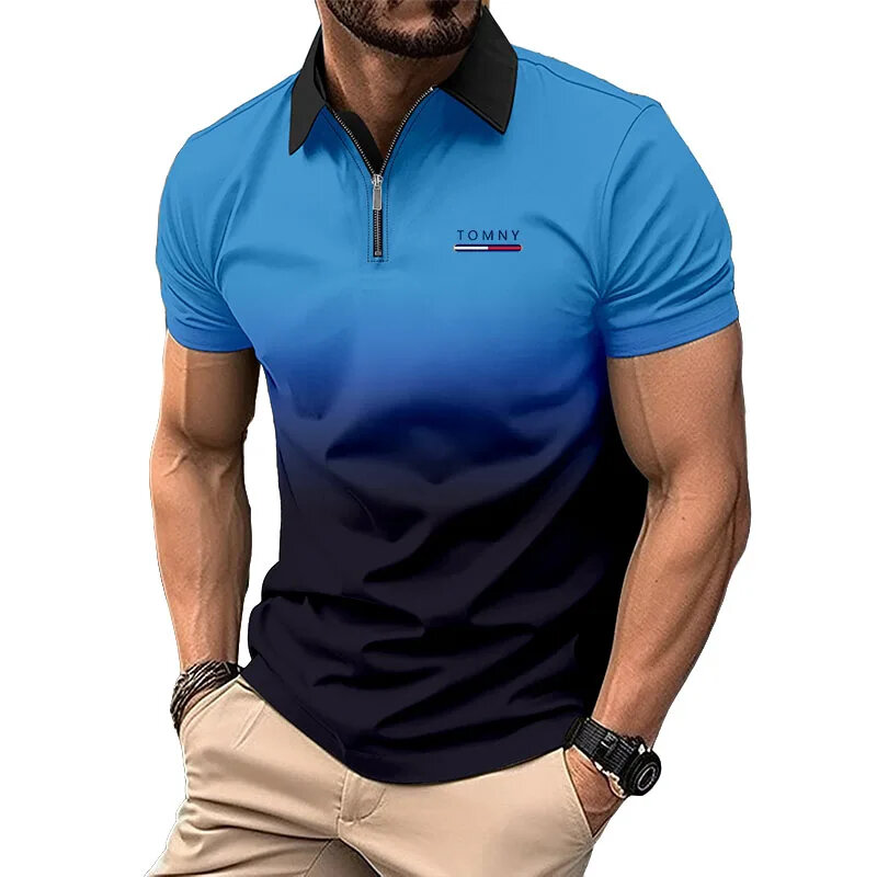 TOMNY-Polo masculino de manga curta cor gradiente, camiseta com zíper de lapela, respirável, casual, verão, novo, moda, 2024