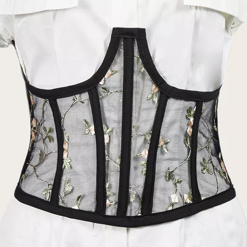 Corsetti a vita alta moda ricamo floreale corsetto nero Harajuku maglia Vintage vedere attraverso la vita Shaper corsetti Cummerbunds