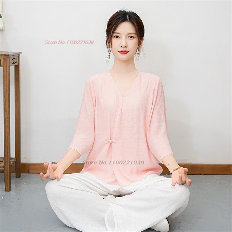 2024 traditionelle chinesische Vintage Set atmungsaktive Baumwolle Leinen Hanfu Tops Hosen Set Meditation Yoga Tai Chi Outdoor Walking Anzug