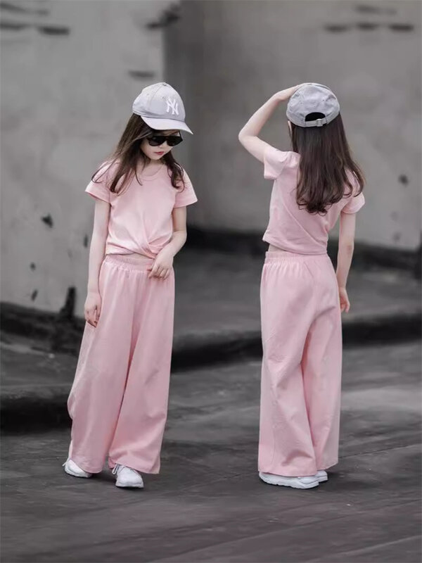Summer Girls Sets Kids Solid Colour Fashion Suits Children Short Sleeves+Wide Leg Pants 2Pcs Outfits 2024 New Trends Clothes