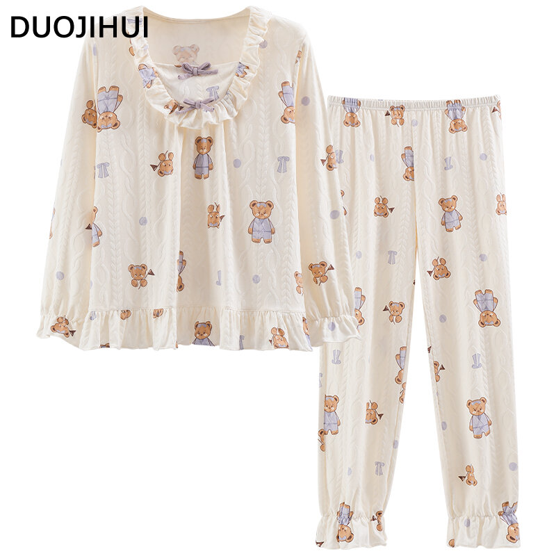 DUOJIHUI Autumn Classic Two Piece Loose Female Pajamas Set New Sweet Pullover Simple Pant Fashion Casual Home Pajamas for Women