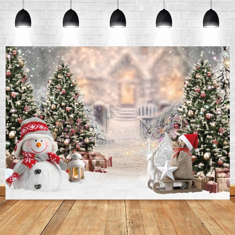Christmas Photography Backdrop Winter Night Window Fireplace Wood Floor Xmas Tree Snow Kids Adult Family Party Photo Background