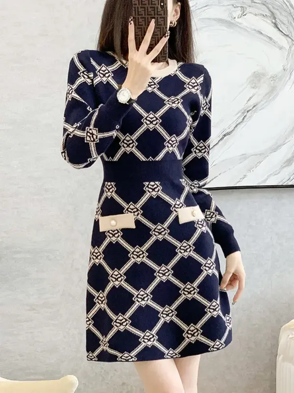니트 보텀 원피스 여성용, 프랑스 스타일 작은 향기 드레스 2022 가을 겨울 신상품 레트로 슬림 기질