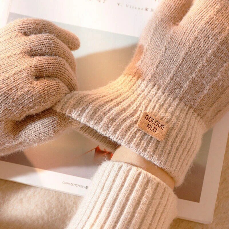 ถุงมือถักผ้าแคชเมียร์ทัชสกรีนสำหรับผู้หญิง, ถุงมือให้ความอบอุ่นสำหรับฤดูใบไม้ร่วงและฤดูหนาวกันหนาวพร้อมขนแกะหนา