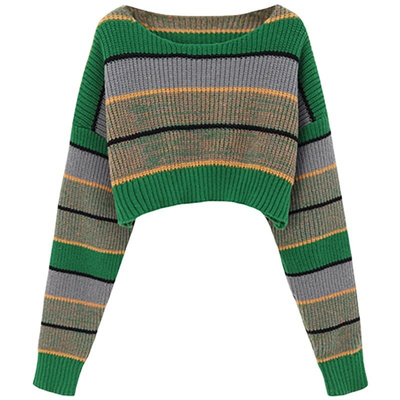 Sweater rajut wanita, baju Sweater wanita musim gugur dan musim dingin, gaya pedas, garis warna, malas, longgar kasual, Pullover, kemeja rajut