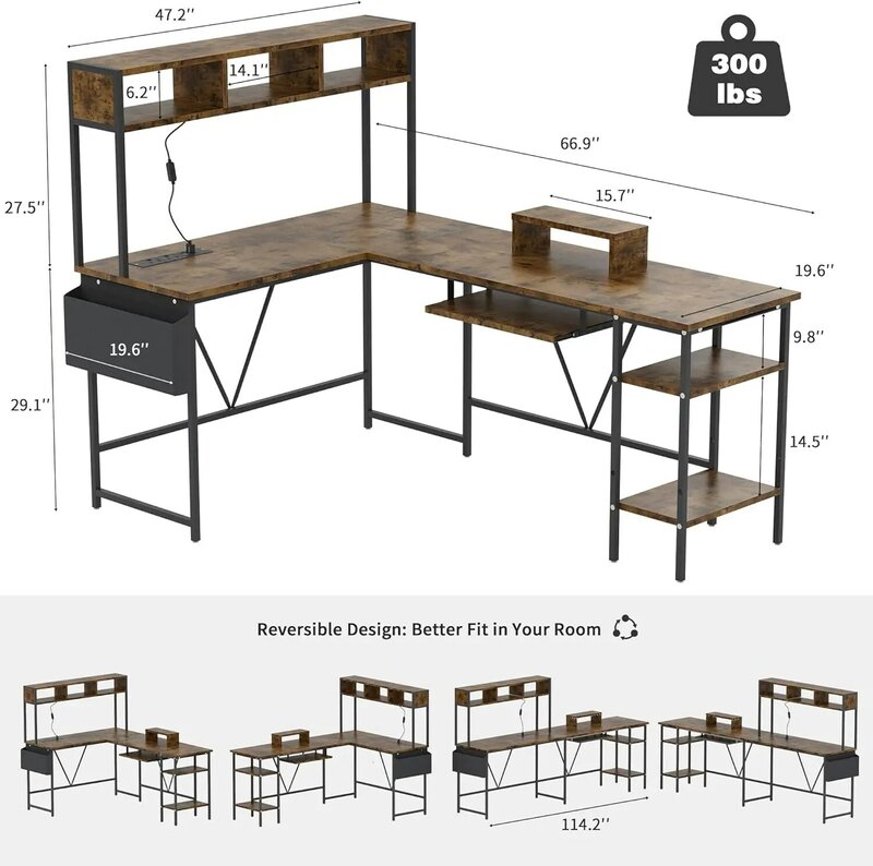 โต๊ะเล่นเกมรูปตัว L พร้อมปลั๊กไฟและไฟ LED โต๊ะคอมพิวเตอร์เข้ามุมแบบพลิกกลับได้พร้อมขาตั้งจอถาดวางคีย์บอร์ด