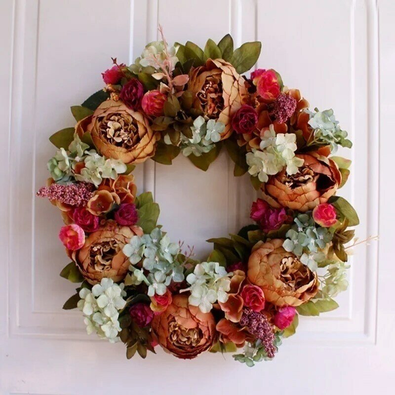 ヴィンテージスタイルの人工花の花輪,偽の牡丹の花輪,16インチ,ドア用,春の丸い花輪,ドア用