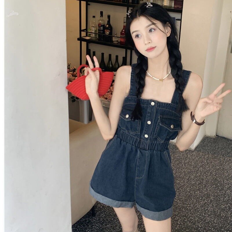 Summer Women's Short Section Cargo Strappy Jeans Fashion Slim Waisted Rompers Shorts Youthful Vitality Jumpsuit Overalls Shorts