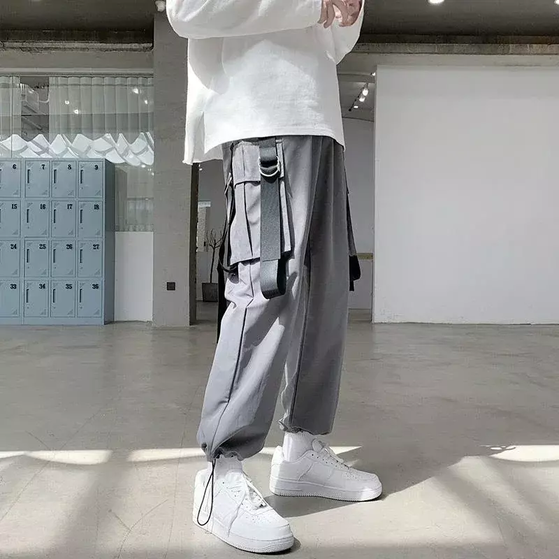 Trousers Man Stretch Cargo Pants for Men Stacked Grey Autumn Nylon New in Aesthetic Techwear Spandex Korean Style Regular Fit