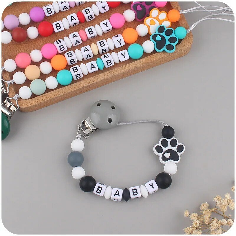 Personalized Name Pacifier Clips Holder Cartoon Dog Paw Silicone Dental Glue Teether for Baby Pacifier Chain Nursing Chew Toys