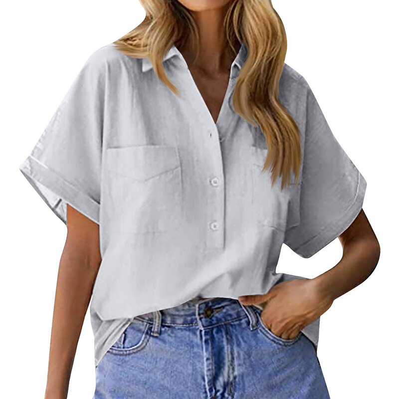 Elegant Cotton Linen Shirts Women Casual Solid Button Lapel Blouses Shirts Summer Short Sleeve Loose Tops Tunic Blouse Femme