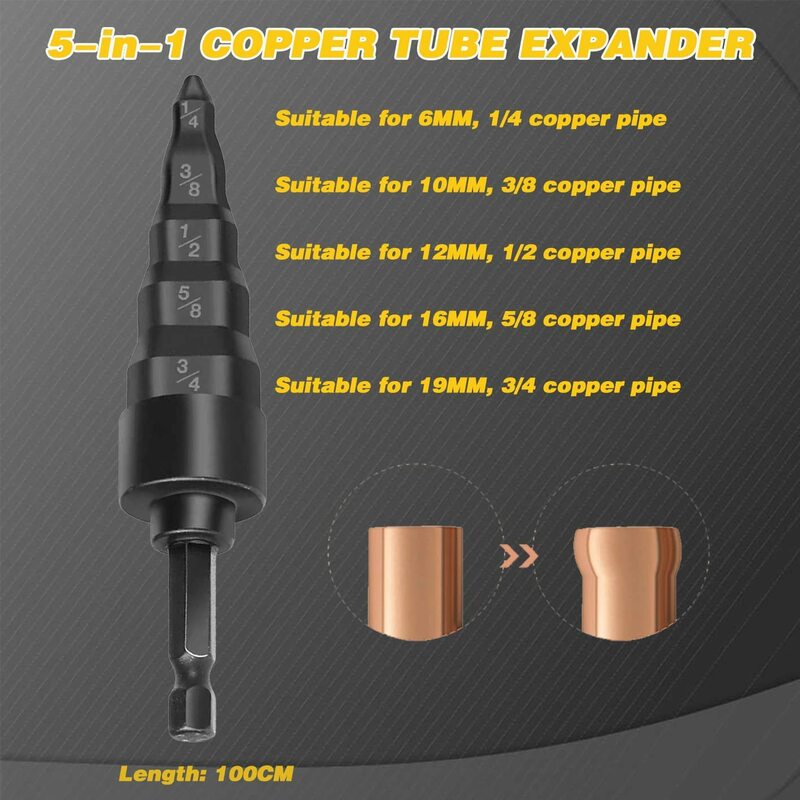 Expander tubo de cobre para Hex Handle, broca de mão, Air Conditioner Pipe Tool, expansão, 1/4 ", 3/8", 1/2 ", 5/8", 3/4 ", A, 5 em 1