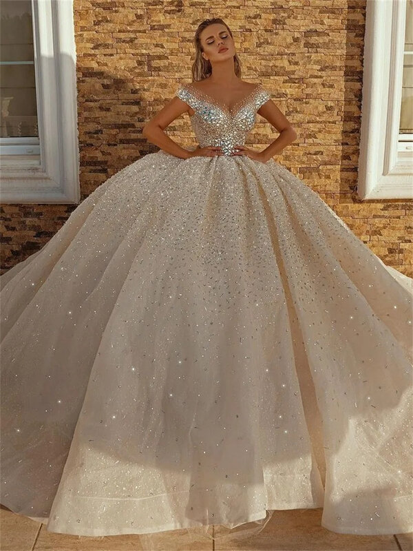 Gaun pengantin manik-manik glamor 2024 gaun pernikahan Off-Shoulder klasik gaun panjang lantai applique romantis Vestidos De Novia