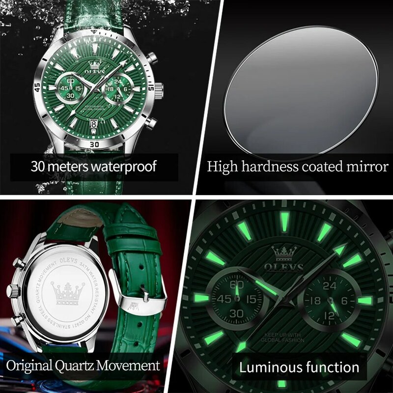 Olevs-メンズグリーンクォーツ時計、レザー、防水、発光、カレンダー、高級、クロノグラフ、ブランドファッション