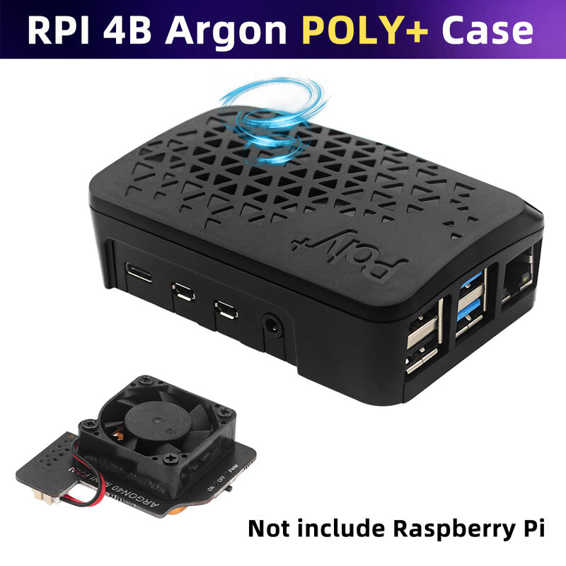 Carcasa de argón POLY + ventilado para Raspberry Pi 4, modelo B con Mini ventilador PWN, disipadores de calor de cobre, Carcasa de ABS de refrigeración para Pi 4