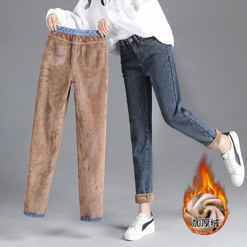 Coreano 25-33 Plus Calças Harem de Veludo Quente Outono Inverno Cintura Alta Streetwear Calças Denim Novo Casual Grosso De Lã Jeans Baggy