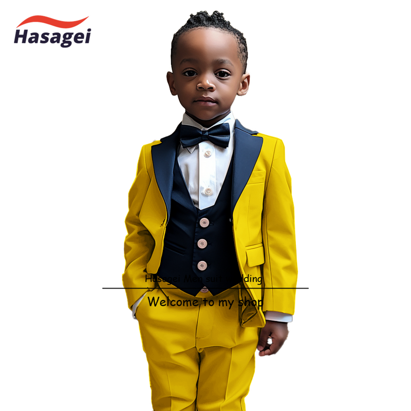Elegante abito da bambino in 3 pezzi giallo con gilet blu Navy smoking da sposa formale per bambini 2-16 anni Blazer personalizzato
