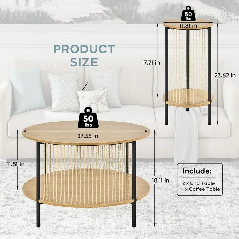 Coffee Table Set of 3, Natural Fiber Rope Round Wooden Rattan Coffee Tables and Two End 2 Tier Side Tables, Café Tables