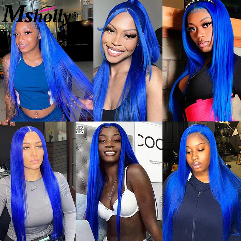 Wig rambut manusia lurus panjang biru tua 13x4 HD wig rambut manusia renda depan transparan wig rambut manusia Remy Brasil untuk wanita